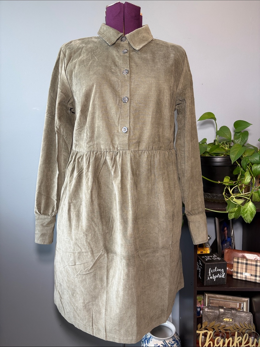 Nine West Griffen Olive Green Midi Long Sleeve Shirt Dress